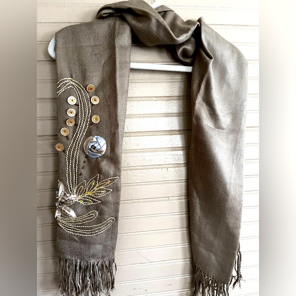 Embroidered Brown Scarf with Fringe NWOT